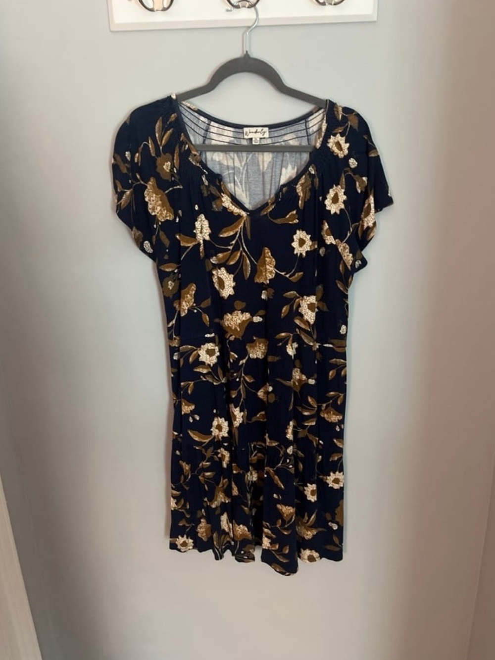Wonderly Navy and Gold Floral V-Neck Dress